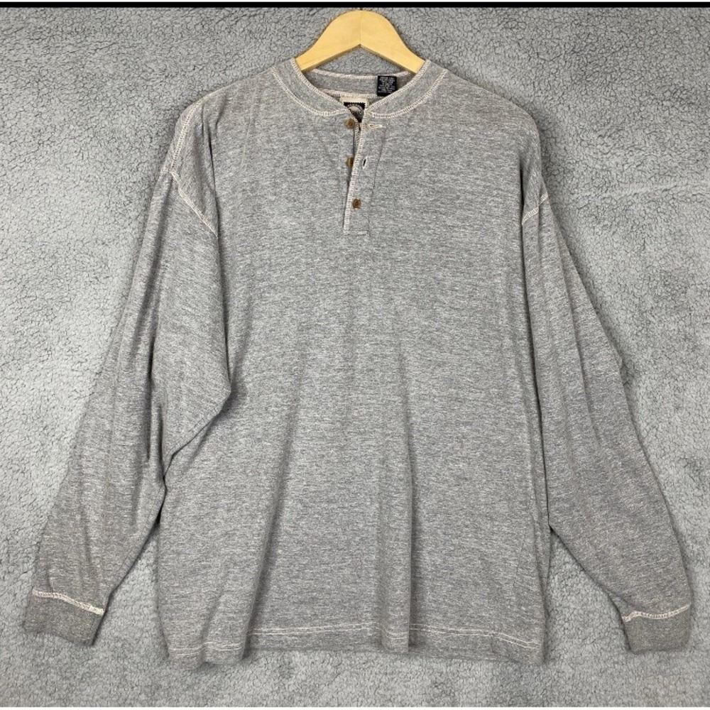 G H Bass & Co Henley Long Sleeve Tee Shirt Men L Heather Gray 100% Cotton Casual